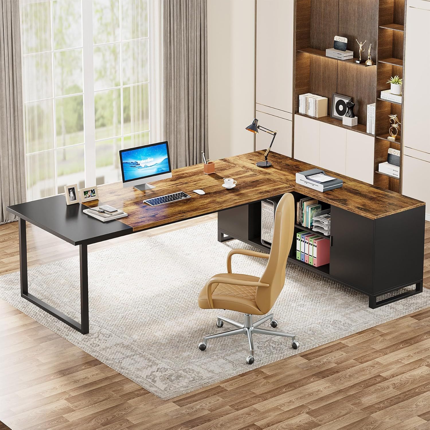 70.8" L-Shaped Executive Desk with 55" File Cabinet, Large Home Office Computer Desk with Storage Shelves and Cabinet