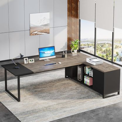 70.8" L-Shaped Executive Desk with 55" File Cabinet, Large Home Office Computer Desk with Storage Shelves and Cabinet