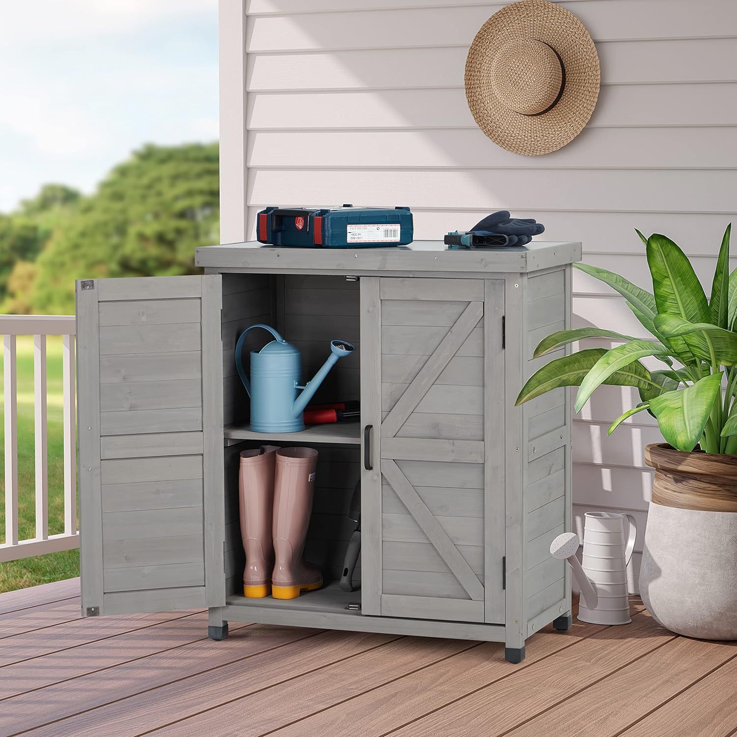 Outdoor Storage Cabinet & Potting Bench Table with Metal Top, Wooden Patio Furniture, Garden Workstation