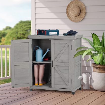 Outdoor Storage Cabinet & Potting Bench Table with Metal Top, Wooden Patio Furniture, Garden Workstation