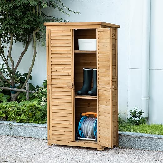 Outdoor Storage Cabinet with 3 Shelves, Wooden Garden Shed with Double Doors& Waterproof Roof, Outside Utility Tall Tool Organizer for Garden Farm Backyard