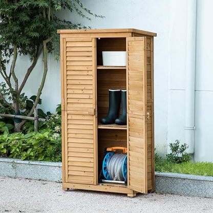 Outdoor Storage Cabinet with 3 Shelves, Wooden Garden Shed with Double Doors& Waterproof Roof, Outside Utility Tall Tool Organizer for Garden Farm Backyard
