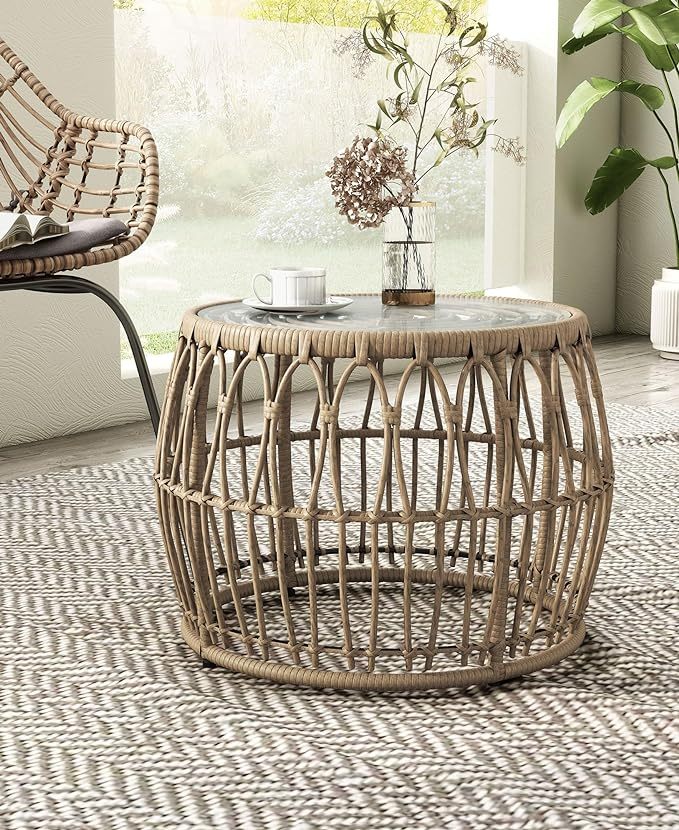 Boho Rattan Round Coffee Table Outdoor with 5mm Tempered Glass Top