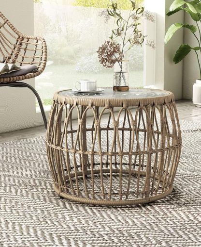 Boho Rattan Round Coffee Table Outdoor with 5mm Tempered Glass Top