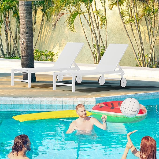 2 PCS Outdoor Chaise Lounges Chair with Wheels Aluminum Reclining Patio Lounge Chairs