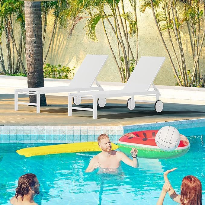 2 PCS Outdoor Chaise Lounges Chair with Wheels Aluminum Reclining Patio Lounge Chairs