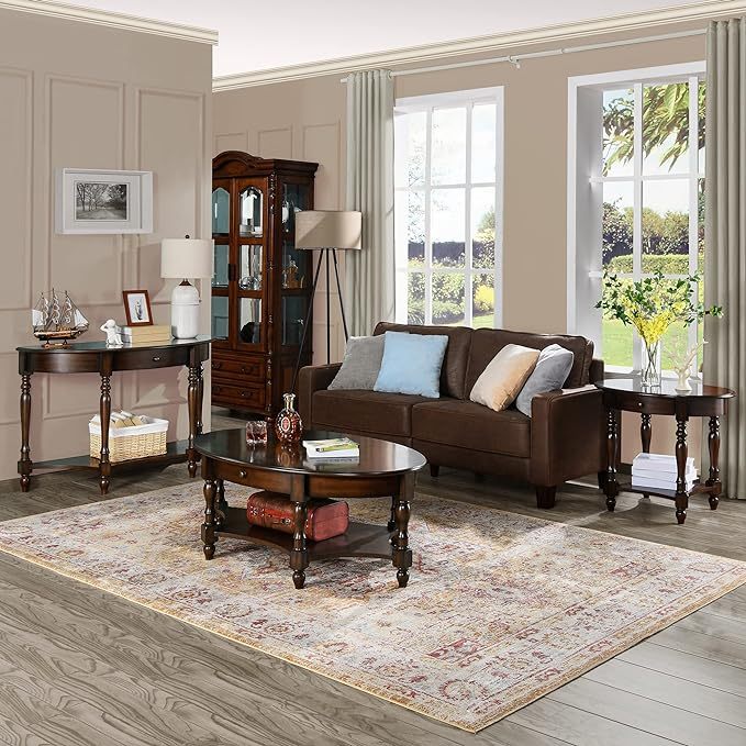 Oval Coffee Table for Living Room, 2-Tier Solid Wood Coffee Table