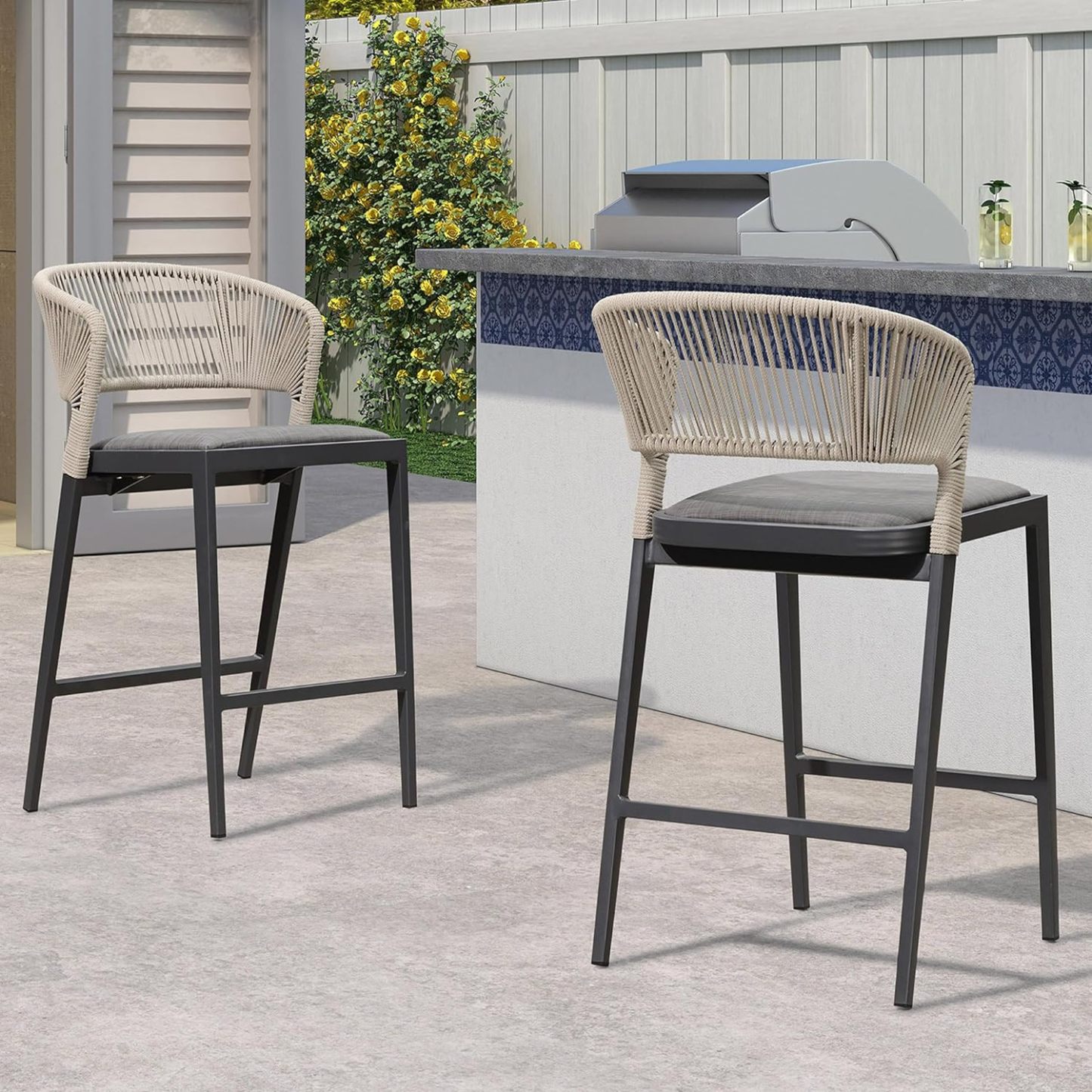 Counter Height Bar Stool Set of 2 Modern Aluminum Rattan Wicker Outdoor Barstools