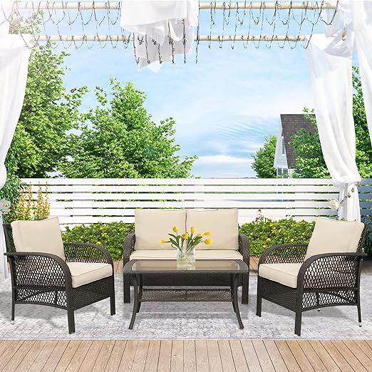 Patio Conversation Sets, 4 Pieces Patio Bistro Set with Coffee Table and Thick Cushions, All Weather Contemporary Grey Rattan Chair, Outdoor Furniture Set