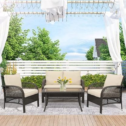 Patio Conversation Sets, 4 Pieces Patio Bistro Set with Coffee Table and Thick Cushions, All Weather Contemporary Grey Rattan Chair, Outdoor Furniture Set