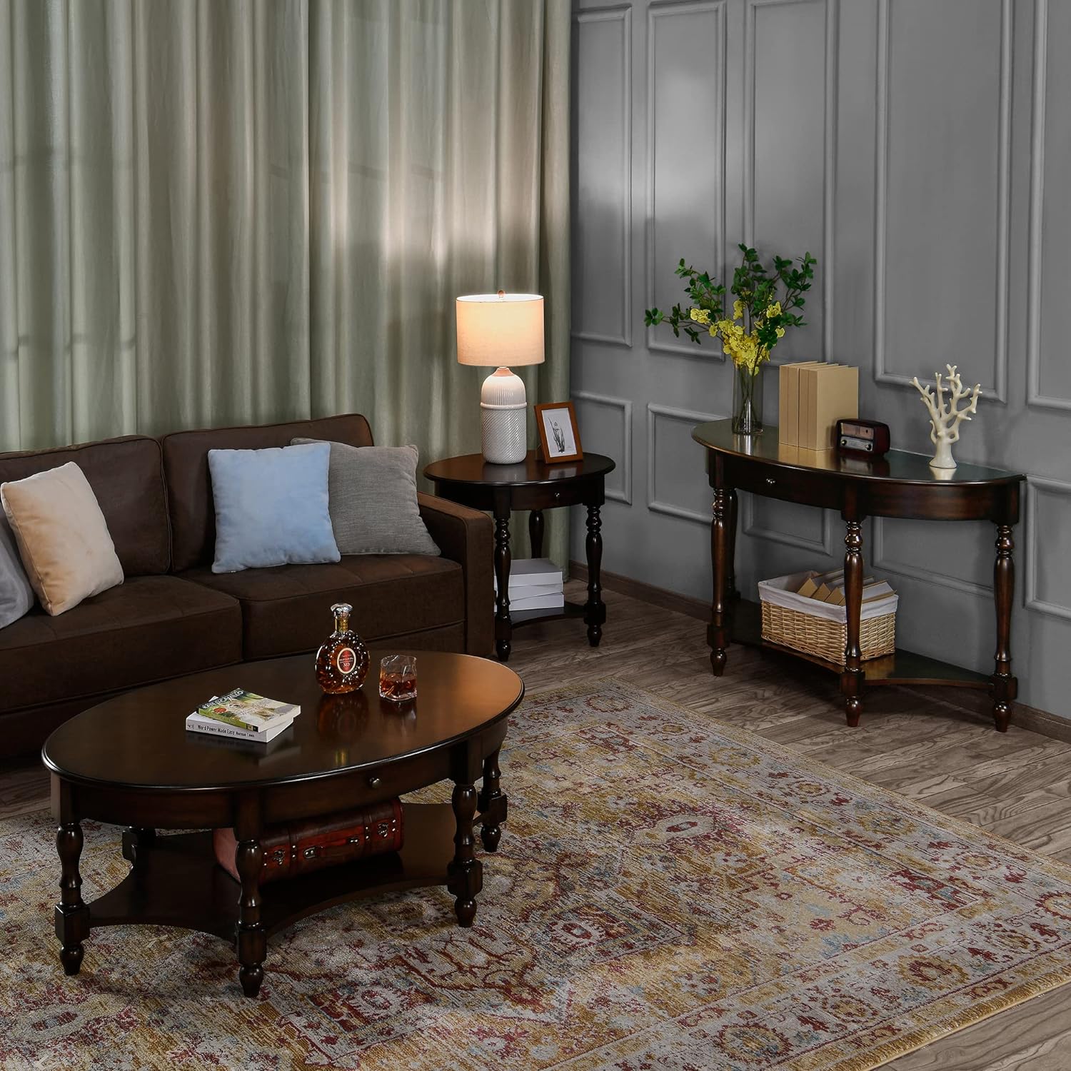 Oval Coffee Table for Living Room, 2-Tier Solid Wood Coffee Table