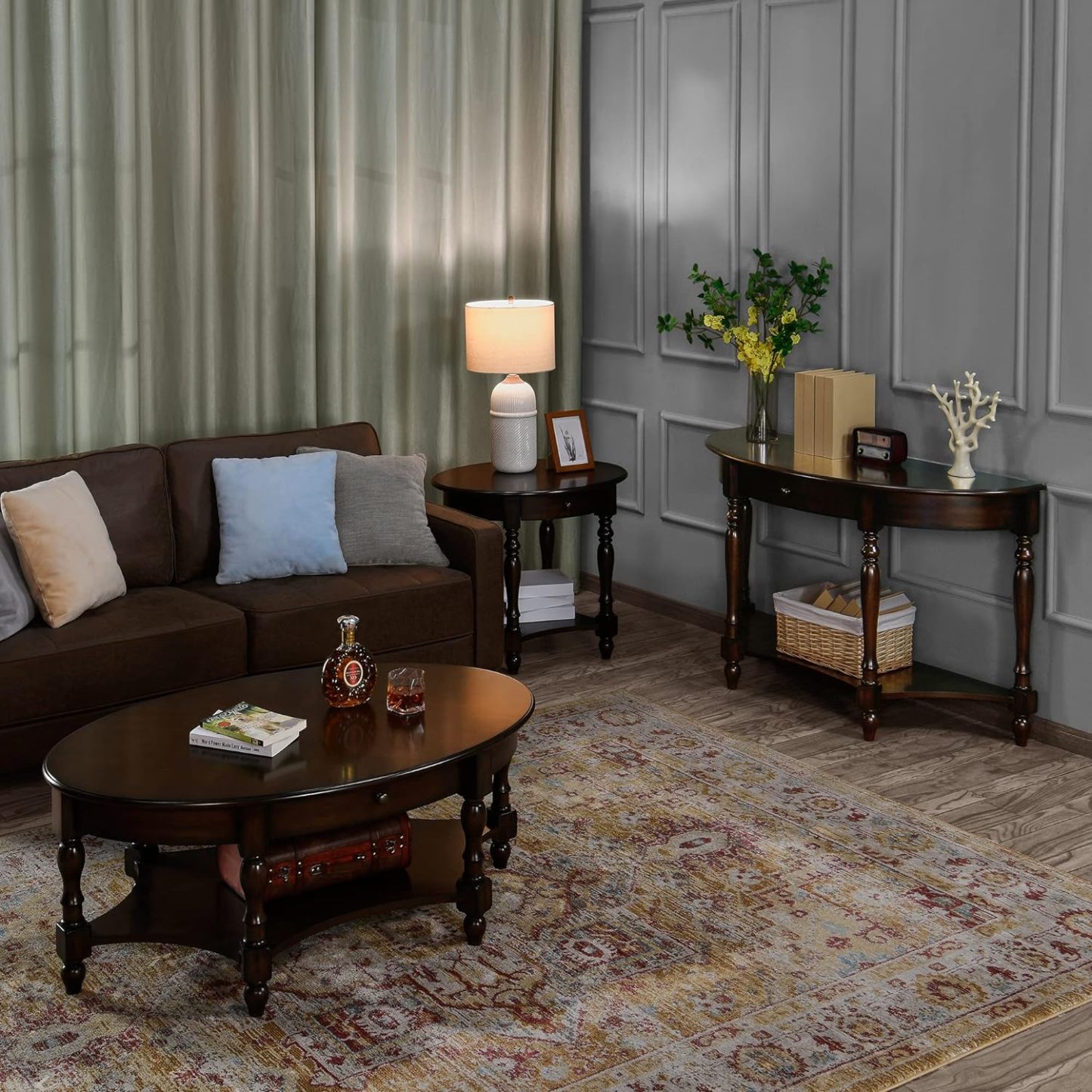 Oval Coffee Table for Living Room, 2-Tier Solid Wood Coffee Table