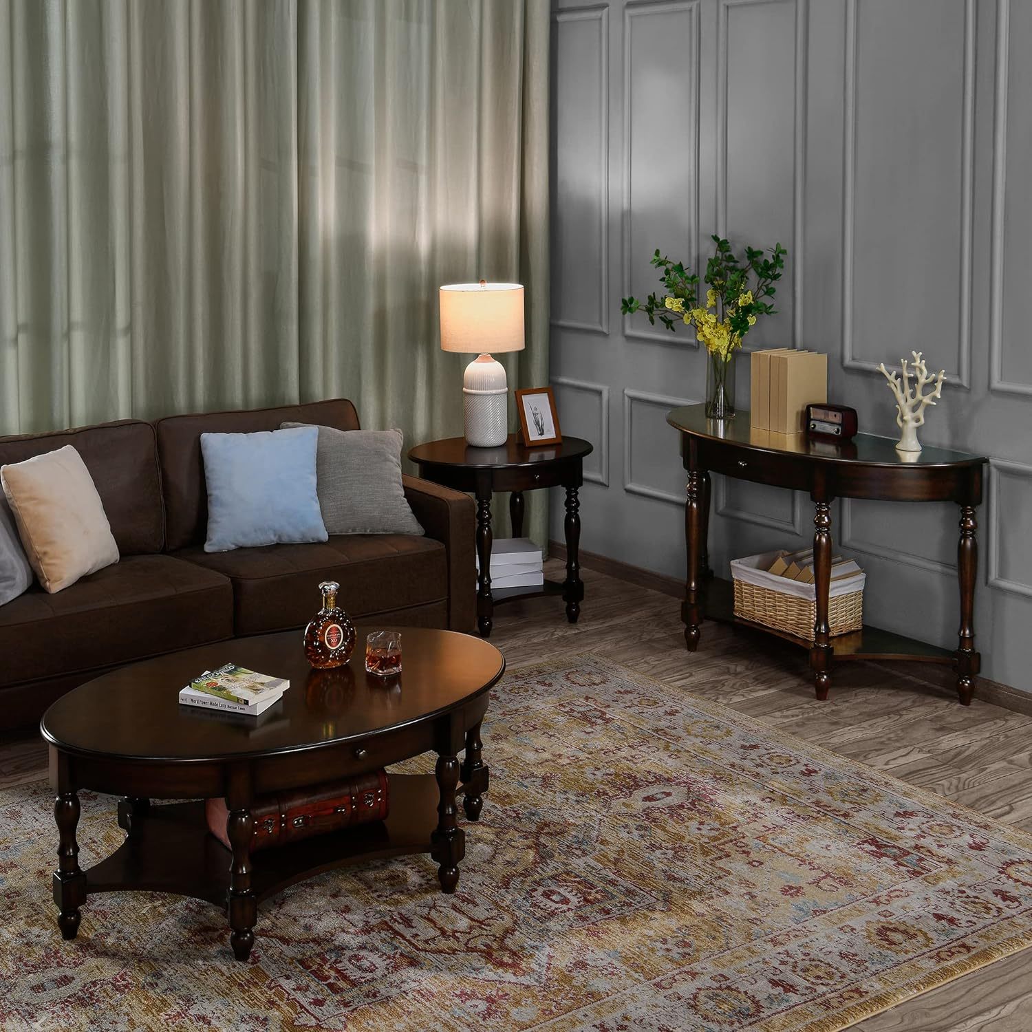 Oval Coffee Table for Living Room, 2-Tier Solid Wood Coffee Table