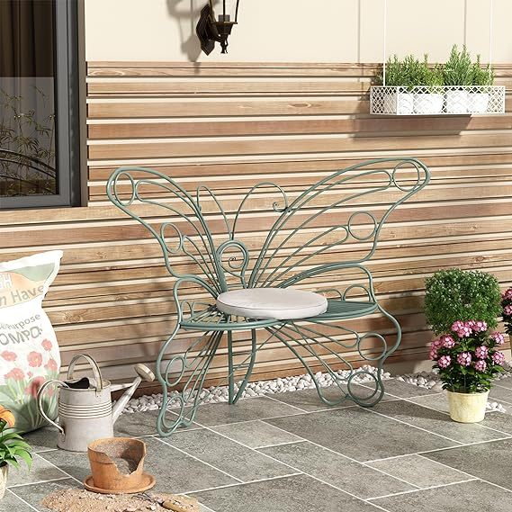 50 Inches Outdoor Bench, Cast Iron Metal Frame Patio Outdoor Garden Bench with Butterfly Inspired Pattern, Front Porch Bench for Outdoors, Deck, Lawn, Balcony, Backyard