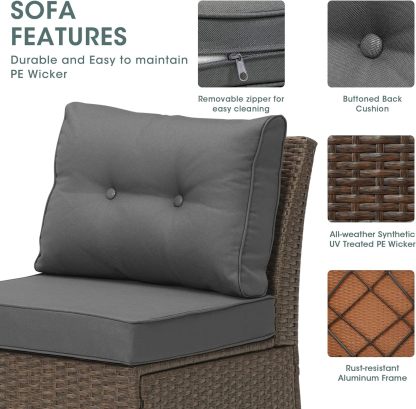 Outdoor Patio Sofa armless Chair, Aluminum Frame, Brown/Dark Grey