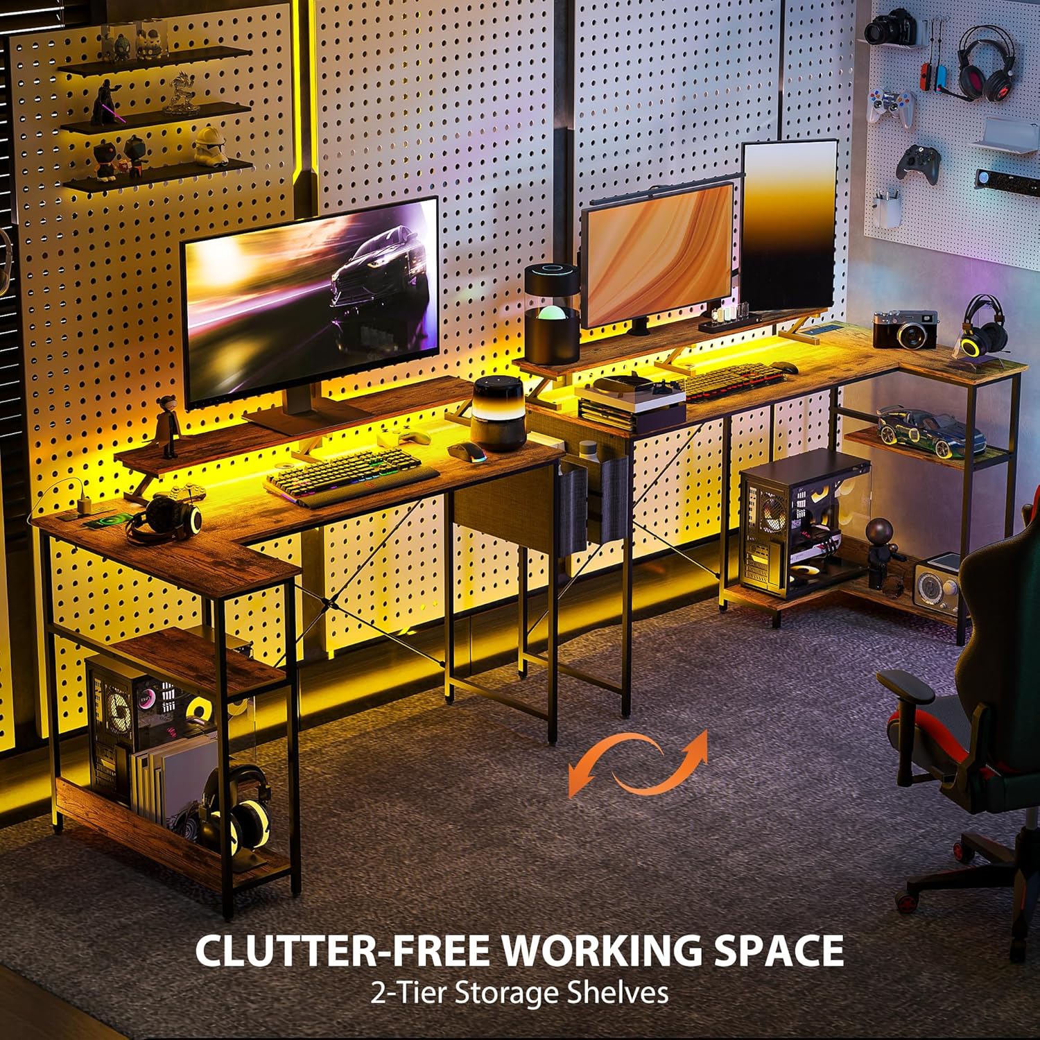 58" L Shaped Gaming Desk with Power Outlets and LED Lights, Reversible Computer Desk with Monitor Stand