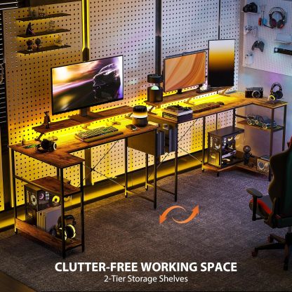 58" L Shaped Gaming Desk with Power Outlets and LED Lights, Reversible Computer Desk with Monitor Stand