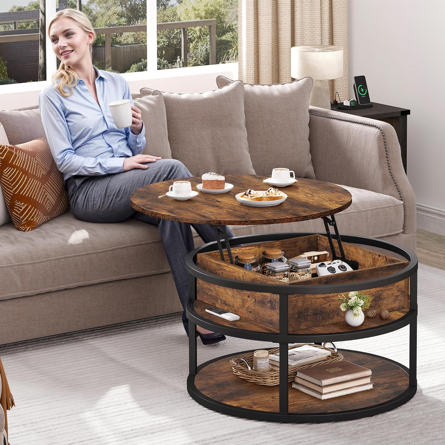 Round Coffee Tables for Living Room,Lift Top Coffee Table with Storage