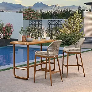 3 Pieces Patio Bar Set Modern Aluminum Table and Wicker Bar Chairs Set