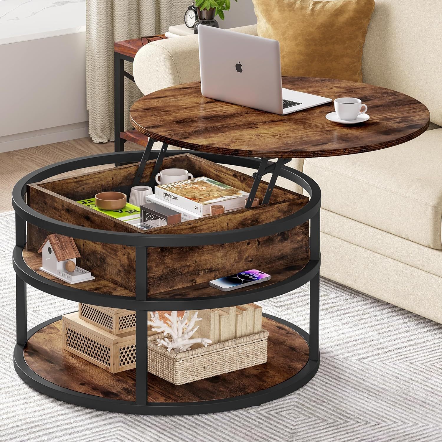 Round Coffee Tables for Living Room,Lift Top Coffee Table with Storage