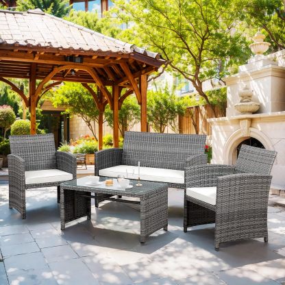 Outdoor Wicker Patio Conversation Furniture Set with Cushions and Tempered Glass Tabletop