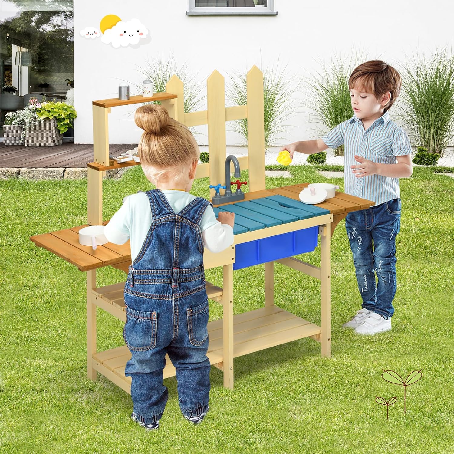 Indoor Outdoor Wooden Pretend Play Toy Kitchen with Removable Sink