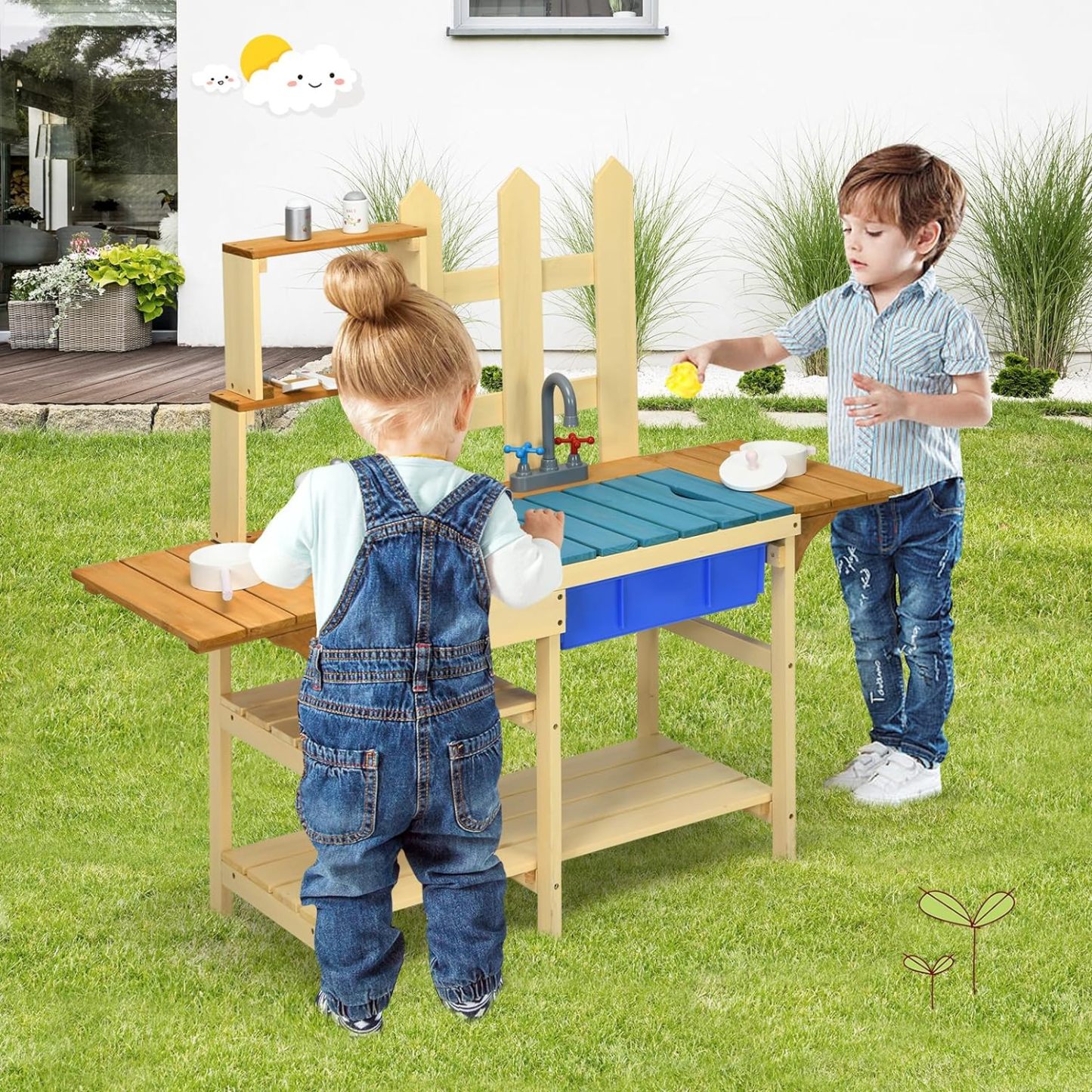 Indoor Outdoor Wooden Pretend Play Toy Kitchen with Removable Sink