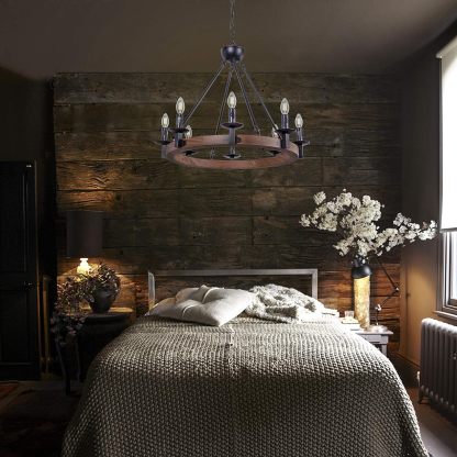 8 Lights Farmhouse Iron Chandeliers for Dining Rooms 28 inch, Wagon Wheel Chandelier Candle Style, Rustic Hanging Ceiling Light Fixture