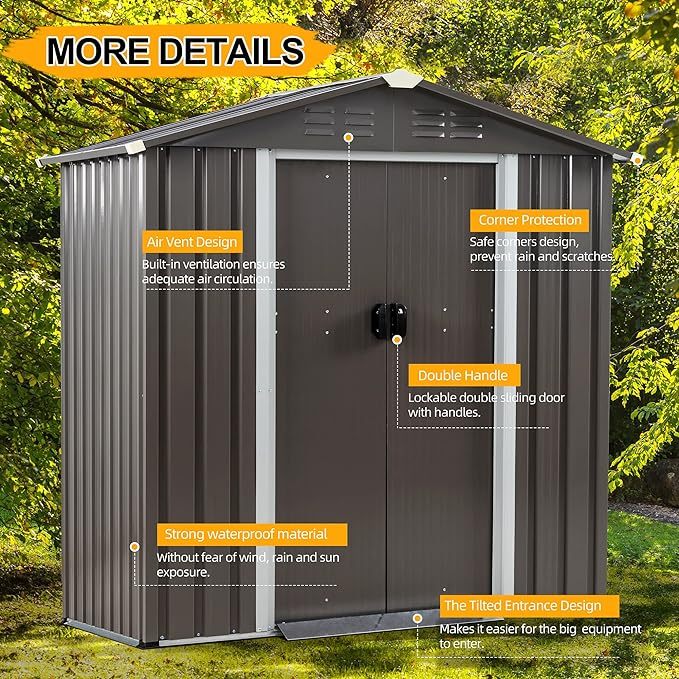 6X4 FT Outdoor Storage Shed, Waterproof Metal Garden Sheds with Lockable Double Door