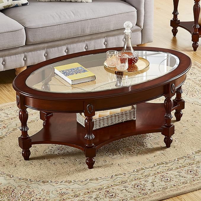 Oval Coffee Tables, Natural Wood Coffee Table, Round Solid Wood Center Large Glass Panel Coffee Table
