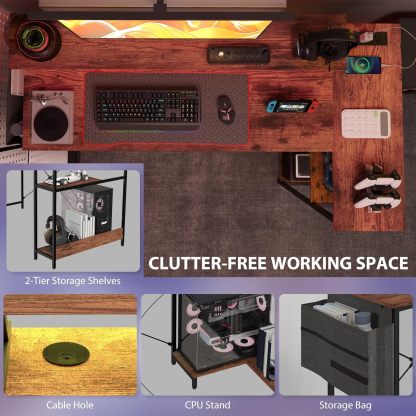 58" L Shaped Gaming Desk with Power Outlets and LED Lights, Reversible Computer Desk with Monitor Stand