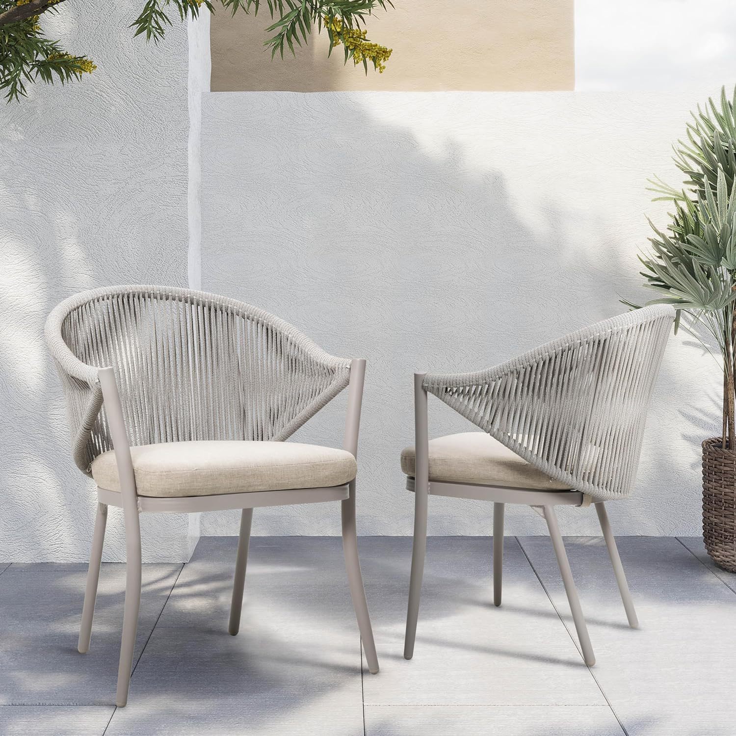 Patio Dining Chairs Set of 2, Woven Rope Outdoor Dining Chair