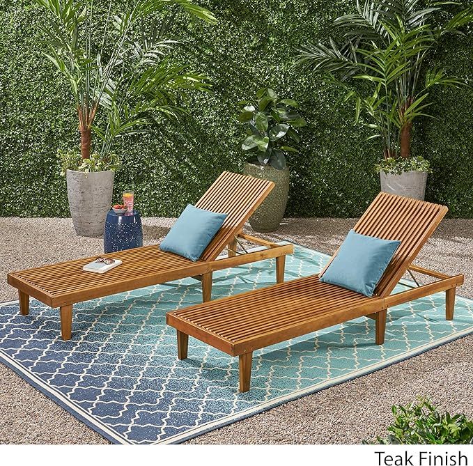 Outdoor Wooden Chaise Lounge (Set of 2), Teak Finish