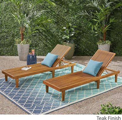 Outdoor Wooden Chaise Lounge (Set of 2), Teak Finish