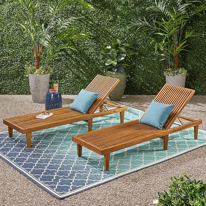 Outdoor Wooden Chaise Lounge (Set of 2), Teak Finish