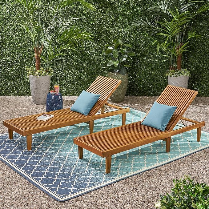 Outdoor Wooden Chaise Lounge (Set of 2), Teak Finish