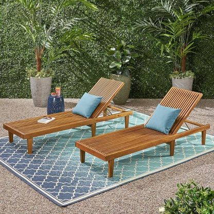 Outdoor Wooden Chaise Lounge (Set of 2), Teak Finish