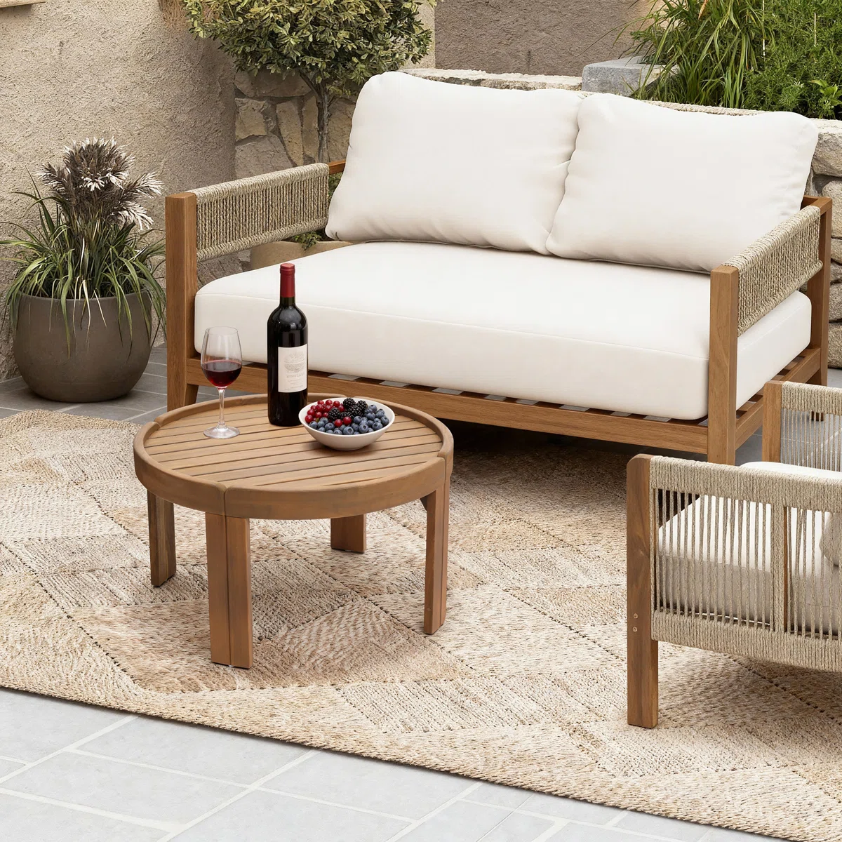 Acacia Outdoor Coffee Table, Round Patio Table with Tray Top, 15.7" Height
