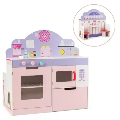 Kids Kitchen Playset, 2-in-1 Play Kitchen & Restaurant Set with Table & Seats