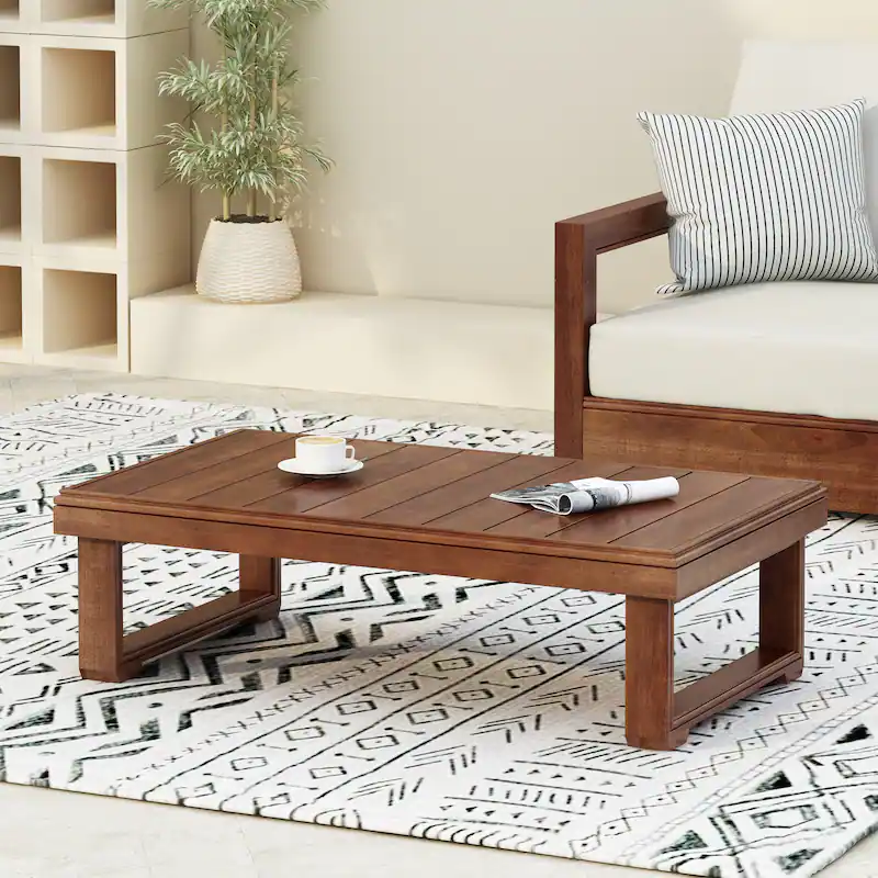 Outdoor Patio Coffee Table with Slatted Wood Design, Weather-Resistant Frame