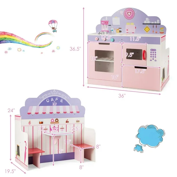 Kids Kitchen Playset, 2-in-1 Play Kitchen & Restaurant Set with Table & Seats