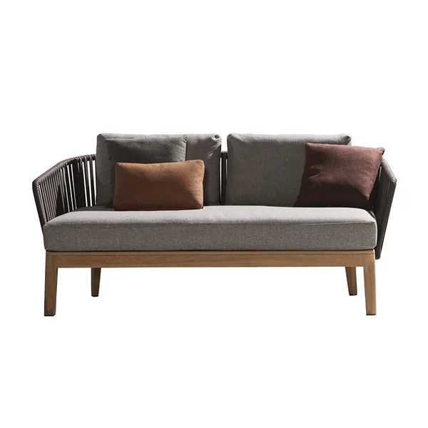 Modern Style Rattan Woven Outdoor Loveseat in Ash Wood Legs