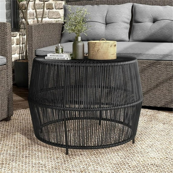 Wicker / Rattan Round Outdoor Coffee Table in Black