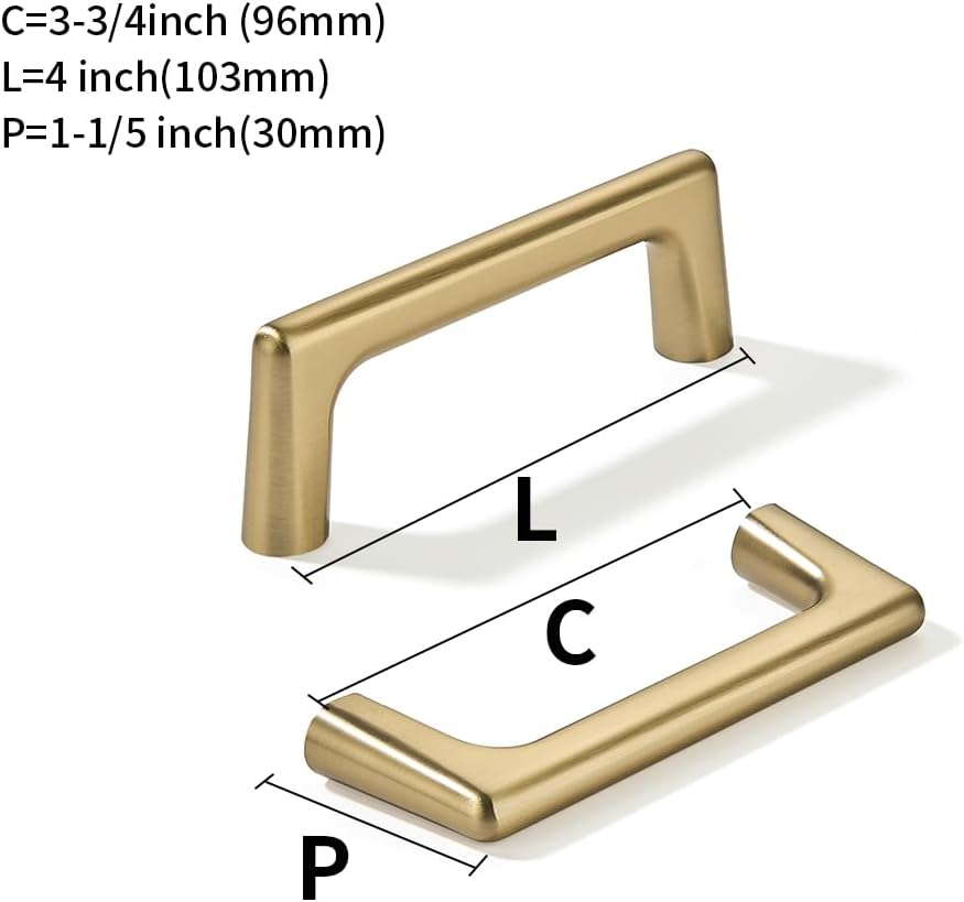 10 Pack Brushed Brass Cabinet Pulls 3-3/4 Inch(96mm) Hole Centers Satin Gold Cabinet Pulls Kitchen Cabinet Hardware for Cupboard Drawer Handles Dresser Pulls