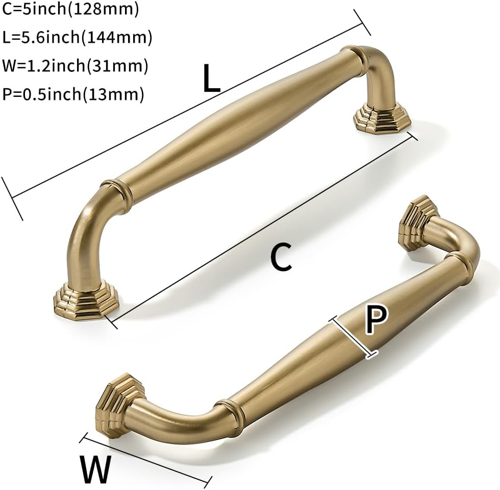 10 Pack 5 Inch(128mm) Brushed Brass Cabinet Pulls Warm Gold Cabinet Handles Heavy Duty Solid Cabinet Hardware for Cupboard Drawer Pulls Dresser Handle