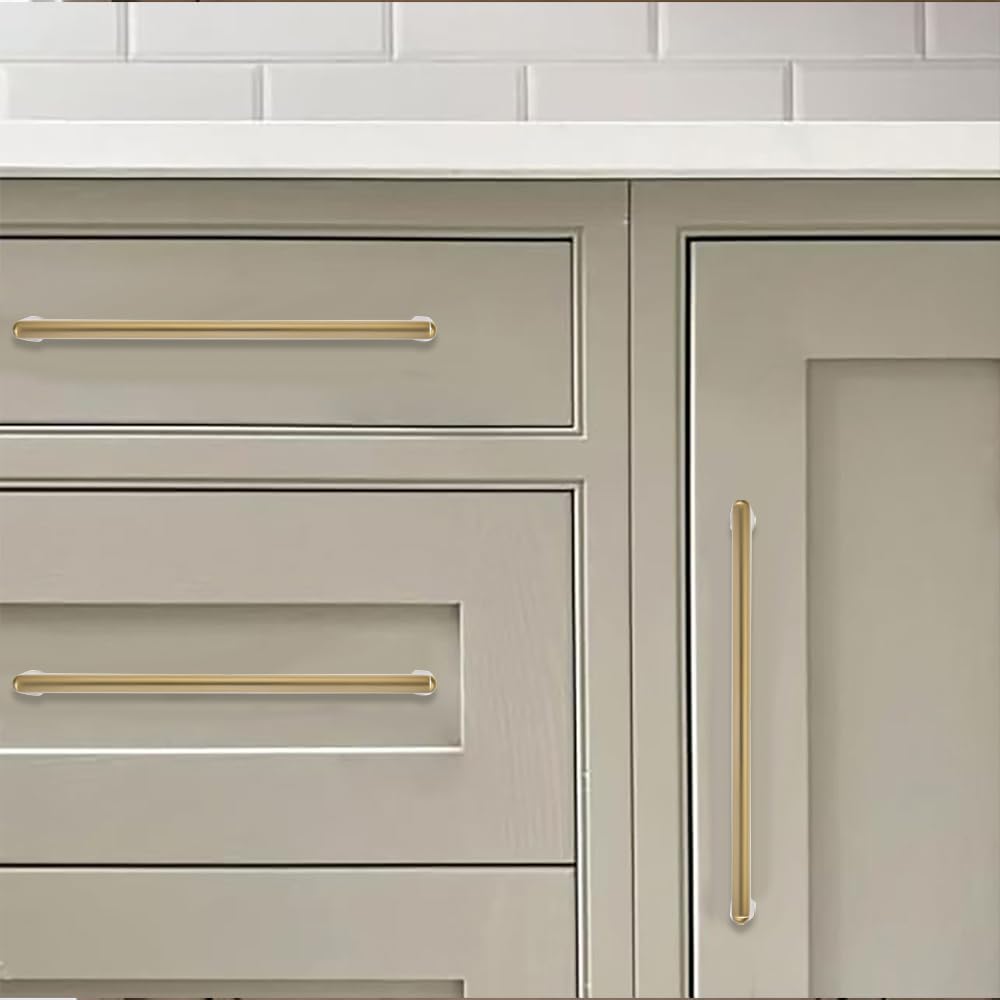 10 Pack Brushed Brass Cabinet Pulls 3-3/4 Inch(96mm) Hole Centers Satin Gold Cabinet Pulls Kitchen Cabinet Hardware for Cupboard Drawer Handles Dresser Pulls
