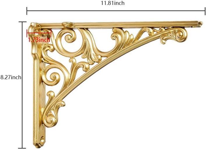 Shelf Bracket 12 Inch, Decorative Brackets for Shelving, Heavy Duty Vintage Ornate Shelf Bracket, Hardware Included, 2 Pack,Antique Gold Finish