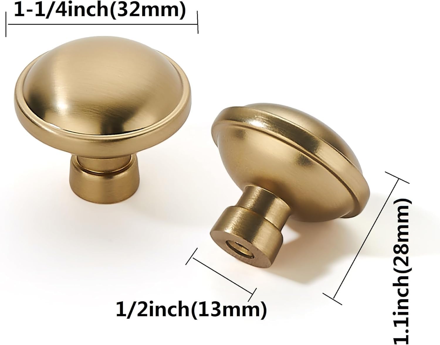 10 Pack 1-1/4 inch Brushed Brass Cabinet Knobs - Brushed Gold Drawer Knobs for Kitchen and Dresser Drawers