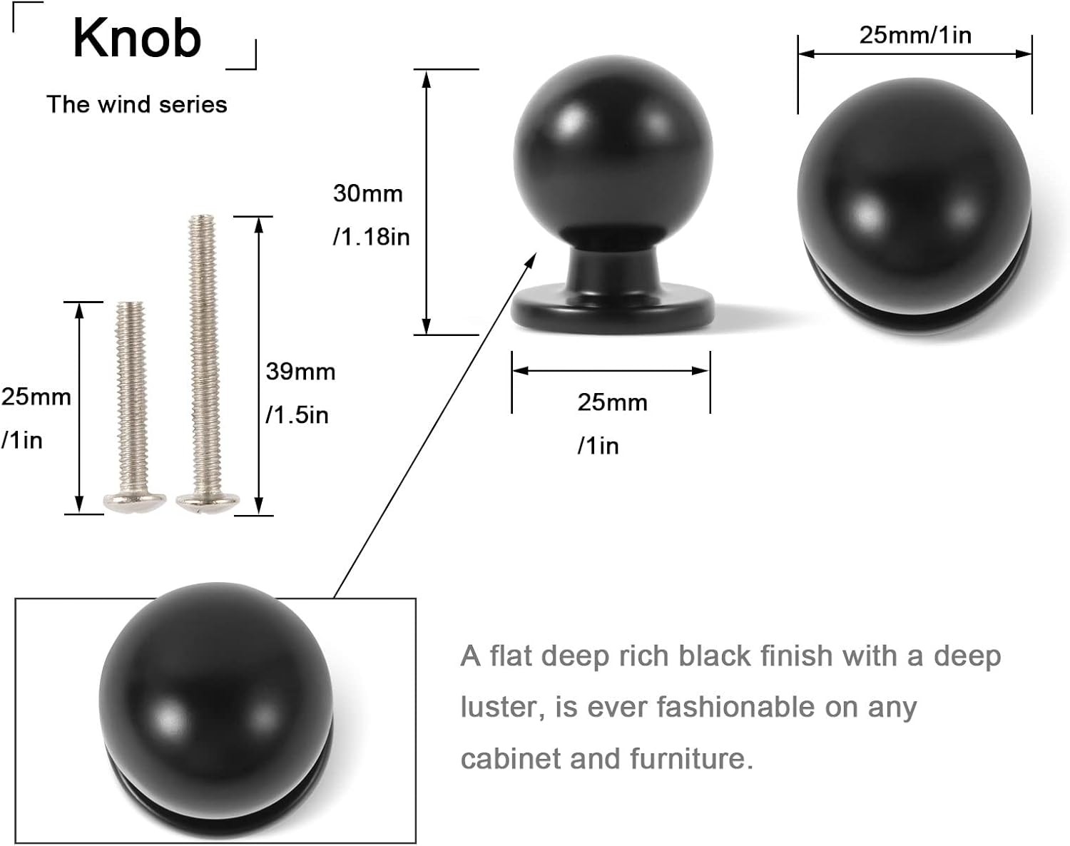 25 Pack 1 Inch (25mm) Kitchen Cabinet Knobs Dresser Knobs Matte Black Solid Knobs Drawer Pulls Door Knobs Dresser Drawer Handles Knobs for Dresser Drawers
