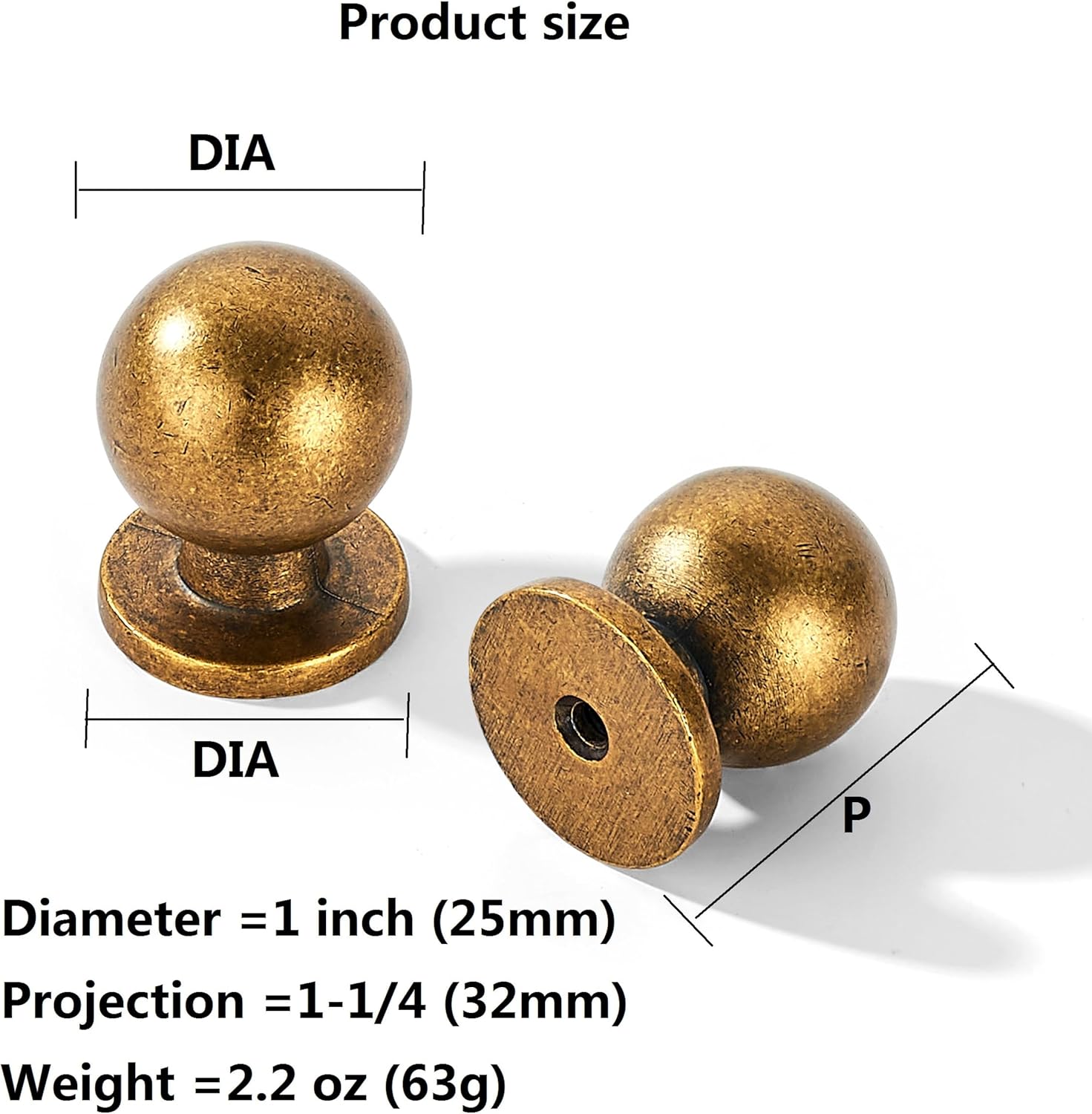 10 Pack 1 Inch (25mm) Diameter Round Solid Vintage Antique Brass Finish Kitchen Cabinet Knobs